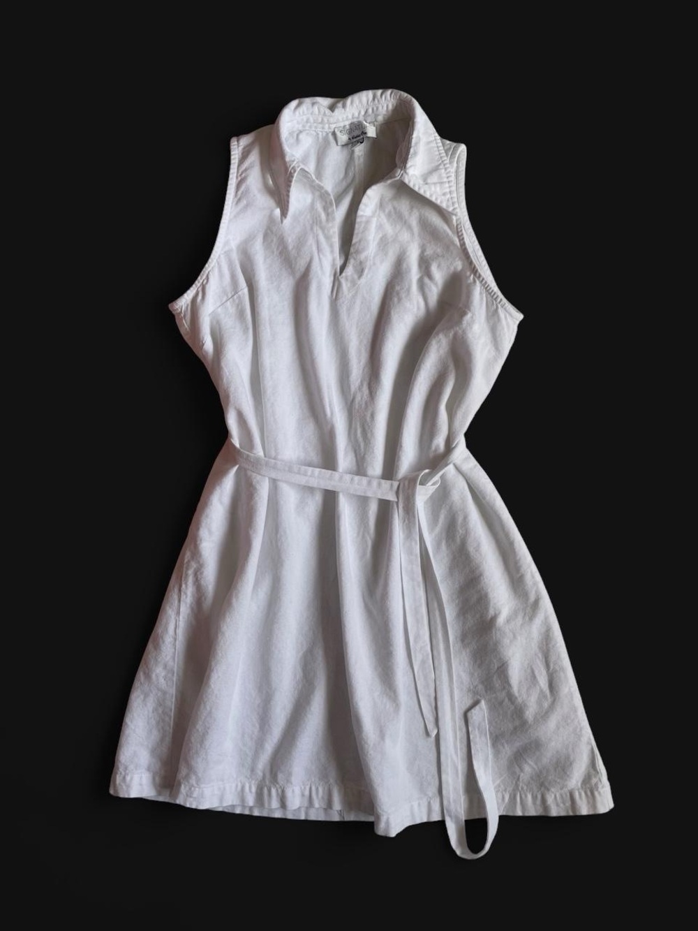 Vintage 90’s White Linen Blend Sleeveless Collared V-Neck Waist Tie A-Line Dress